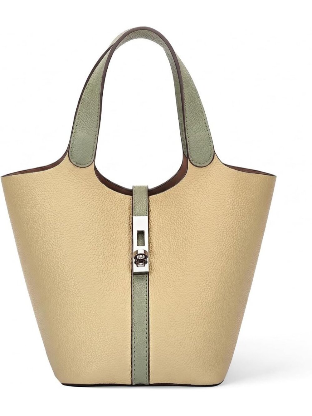 Women's Gold Vegan Leather Satchel Tote Handle Lock Design Bucket Purse